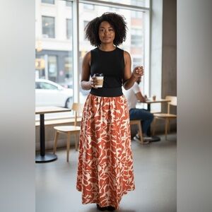 Coral Red Cream Floral Midi Skirt Plus XL Elastic Waist